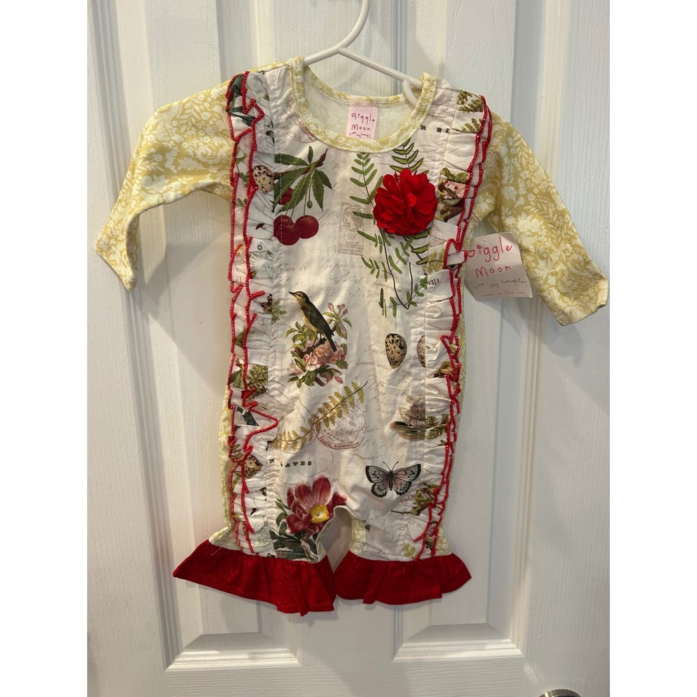 Giggle Moon Baby Girls Botanical Bird Print Ruffle Romper Red 6M‎ NWT k7007